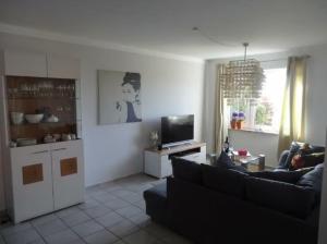 a living room with a couch and a tv at Design Wohnung in Petersdorf auf Fehmarn