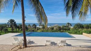 斯基灵角Domaine le Flamboyant的一个带椅子的游泳池,并种植了棕榈树