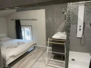 a bathroom with a bed and a sink and a shower at Appartement dans un cadre bucolique in Charly-sur-Marne