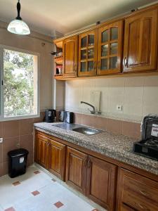 a kitchen with wooden cabinets and a sink and a window at Jolie appartement calme avec cheminée & bois in Ifrane