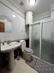a bathroom with a shower and a toilet and a sink at Jolie appartement calme avec cheminée & bois in Ifrane