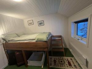 ein kleines Schlafzimmer mit einem Etagenbett und einem Fenster in der Unterkunft CC`s Green house in Tromsø