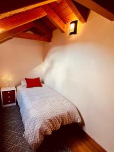 - une petite chambre avec un lit et un oreiller rouge dans l'établissement El Mirador de Jaca, à Araguás del Solano