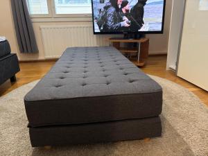 un pouf nero in un soggiorno con una televisione di Malmi Home a Vaasa