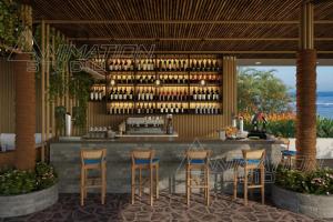 une représentation d'un bar avec des chaises et des bouteilles de vin dans l'établissement Trishvam Palolem Beach Resort, à Canacona