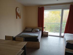 une chambre avec un lit et une grande fenêtre dans l'établissement Grand Studio 4 couchages proche Université et CHU, au Mans