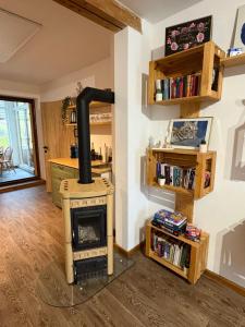 Spodnje GorjeにあるApartma Arjaのキッチン(薪ストーブ付)