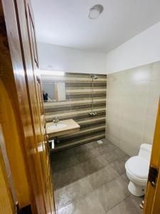 un baño con inodoro y lavabo en Vista Lodge Guest House, en Islamabad