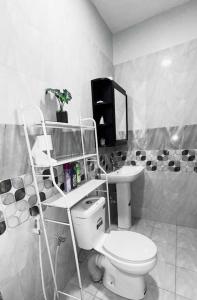 a bathroom with a toilet and a sink and a mirror at Myra Luxury Homes in Kololo- Your Family Oasis in Kampala