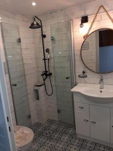 a bathroom with a shower and a toilet and a sink at Zum-Piraten in Damp