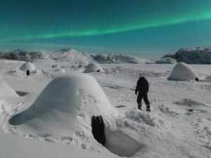 伊卢利萨特Igloo Lodge的一个男人站在雪地里，周围是雪穹。
