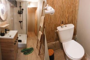 a bathroom with a white toilet and a sink at Appartement Jungle Cosy - Bureau & Fibre - Proche Futuroscope in Jaunay-Marigny