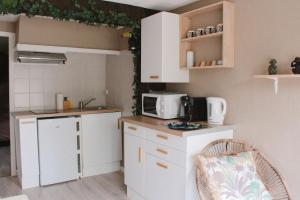 a small kitchen with white cabinets and a microwave at Appartement Jungle Cosy - Bureau & Fibre - Proche Futuroscope in Jaunay-Marigny