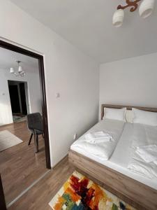 a bedroom with a large bed and a mirror at Focus Apartment in Miercurea-Ciuc