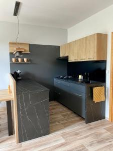 uma cozinha com bancada preta e armários de madeira em Apartmány Havířská Žacléř, Krkonoše em Žacléř