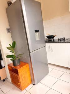 - un réfrigérateur en acier inoxydable dans une cuisine avec une plante en pot dans l'établissement Mini Cottage Home, à Johannesbourg