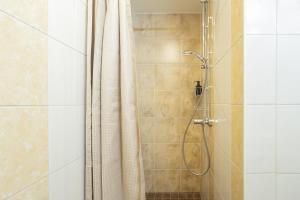 a bathroom with a shower with a shower curtain at Old town apartment in Pärnu +11 photos