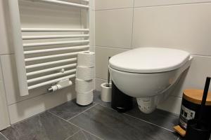 维也纳新城Cozy City Center Designer Apartment for 10 People的浴室设有卫生间,并提供一些卫生纸。