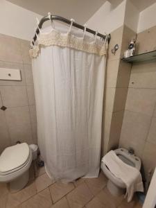 ein Badezimmer mit einem weißen Duschvorhang und einem WC in der Unterkunft FLAT Fleming Martinez in Martínez