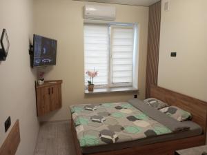 a bedroom with a bed and a window and a television at АппартОтель,Софія,пл Соборна in Dnipro