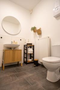 une salle de bain avec toilettes, lavabo et miroir dans l'établissement Wohlfühl-Apartment Waldschimmer, Extra Komfort für Business & Urlaub, à Unterlüß