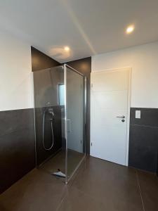 a shower with a glass door in a bathroom at Modern new-build apartment in Groß-Gerau