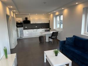 a living room with a blue couch and a kitchen at Modern new-build apartment in Groß-Gerau +11 photos
