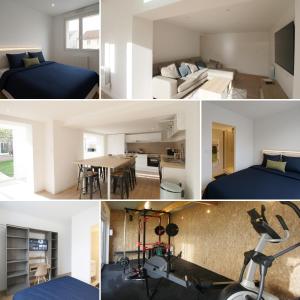 un collage de photos d'une chambre et d'un salon dans l'établissement Coliving Henri Barbusse - salle de sport - chambres avec SDB privative, au Mans