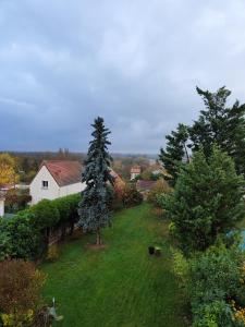 Ein Baum mitten im Garten mit einem Haus in der Unterkunft Villa Maria in Condé-Sainte-Libiaire