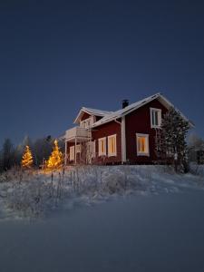 a house with christmas trees in front of it at Villa Aattu in Muonio