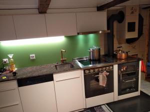 a kitchen with a stove and a green wall at Appartement Valaisan typique in Guttet-Feschel