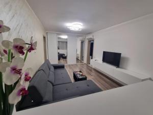 un soggiorno con divano e TV a schermo piatto di Ezzely apartment ParkLake a Bucarest