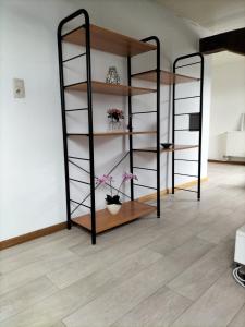 a bookcase with shelves in a room at studio de l'ancienne gendarmerie in Mons