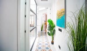 un couloir avec des plantes au sol et une porte vitrée dans l'établissement Luxury Views Plaza Constitución - Executive Malaga Center, à Malaga