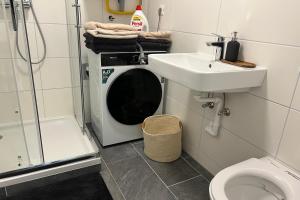 ein Badezimmer mit Waschmaschine und Waschbecken in der Unterkunft Cozy City Center Designer Apartment for 9 People in Wiener Neustadt