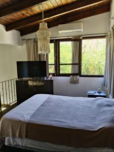 ein Schlafzimmer mit einem Bett und einem Fernseher und Fenstern in der Unterkunft Casa Om ॐ in Cafayate