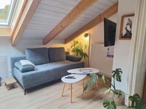 a living room with a blue couch and a table at Ferienwohnung am Bach in Bischofswiesen