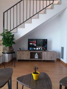 a living room with a tv under a staircase at Ático Dúplex en Delta de l'Ebre dos terrazas y balcón in Deltebre