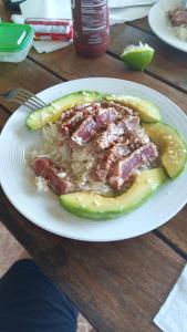 une assiette de nourriture avec de la viande et des cornichons sur une table dans l'établissement Fishon Panama Lodge, à Boca Chica 40 autres photos