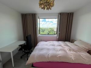 a bedroom with a bed and a desk and a window at Premium Room near S-Bahn Station in Berlin