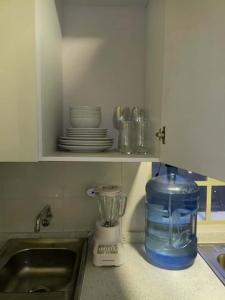 a kitchen counter with a blender and plates on a shelf at Apartamento Remodelado 2 Habitaciones en la Mejor Zona del Centro de Caracas in Caracas +24 photos