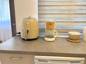 a blender sitting on top of a kitchen counter at Rustic Breeze Azuga - BBQ, Fireplace and Parking in Azuga