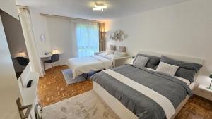 a bedroom with a bed and a desk in it at Premium Apartment mit Pilatus Sicht in Lucerne