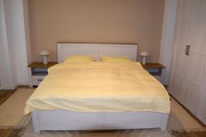 a bed in a bedroom with two nightstands and two lamps at Park home in Baia Mare