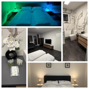 un collage di foto di una camera da letto e di un bagno di Airport Apartment Rauchenwarth a Rauchenwarth
