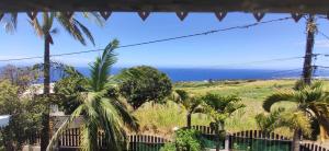 a view of the ocean from a house with palm trees at Fleur de Canne in Saint-Pierre