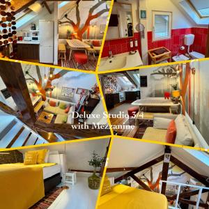 eine Collage mit Fotos eines Wohnzimmers in der Unterkunft Studios with Mezzanine Rua da Moeda in Lissabon