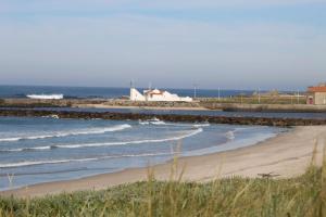 a beach with a house and the ocean with waves at Naval Beach Apartment in Azurara