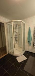 a shower stall in a bathroom with a tiled floor at Lyngen Ski Apartment in Lyngen