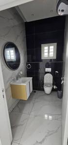 une salle de bain avec un lavabo, des toilettes et un miroir dans l'établissement Aberdeen SeaView Affordable Luxury Apartment by Richview, à Freetown